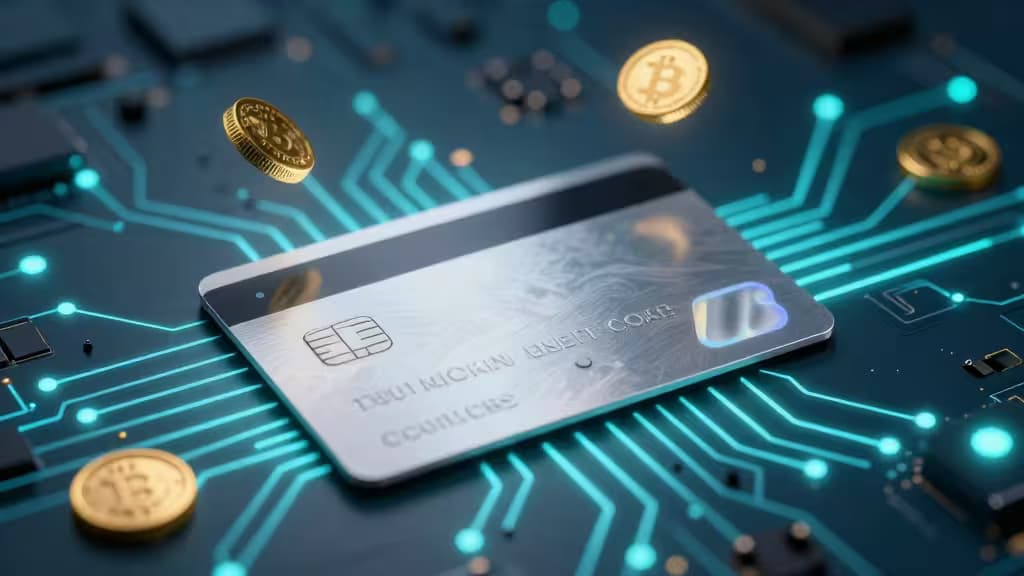 Una carta crypto debit metallica su un circuito luminoso, circondata da monete Bitcoin fluttuanti.