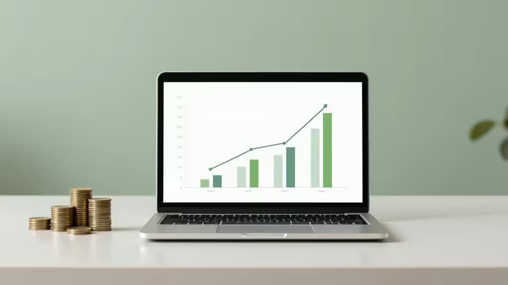 Redaktionelle Darstellung eines modernen Schreibtisches mit Laptop und wachsendem Münzstapel in warmen Grün- und Goldtönen — Symbol für High-Yield-Sparen.