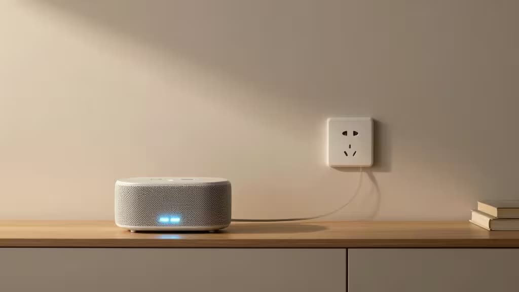 Un altoparlante smart in tessuto bianco con luci blu luminose appoggiato su una mensola di legno, collegato a una presa a muro accanto a libri impilati.