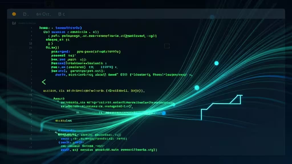 Dark interface displays glowing green terminal code with abstract light trails.