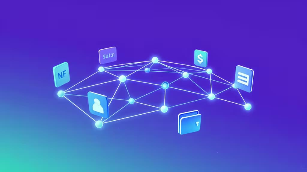 Icônes de portefeuilles crypto en isométrie reliées par des lignes lumineuses sur un fond dégradé violet et bleu.