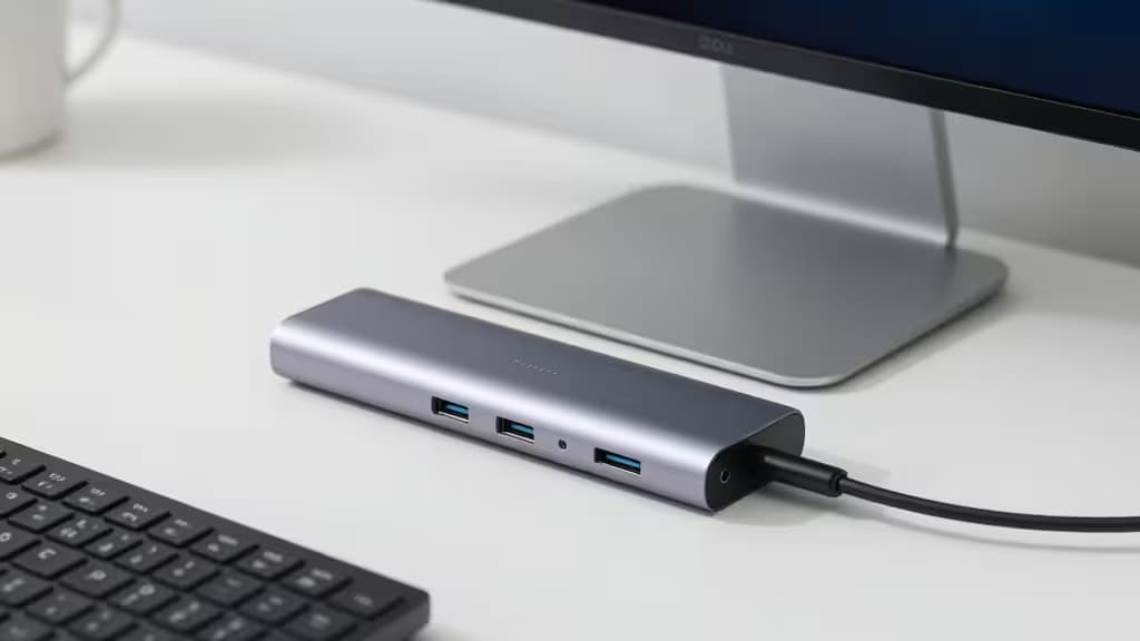 Hub USB-C prateado com portas azuis sobre uma mesa branca ao lado de teclado e monitor