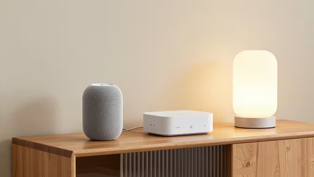 Apple HomePod, white hub, and lamp rest on minimalist wooden console in warm-toned room.