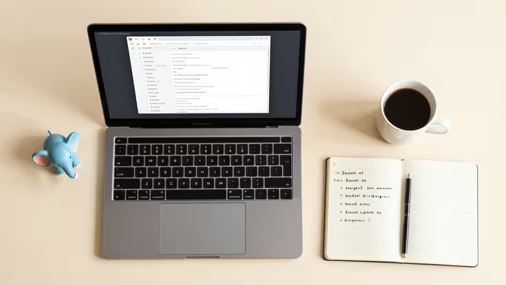 Laptop displays database migration tool interface beside notebook, pen, and coffee on minimalist desk.