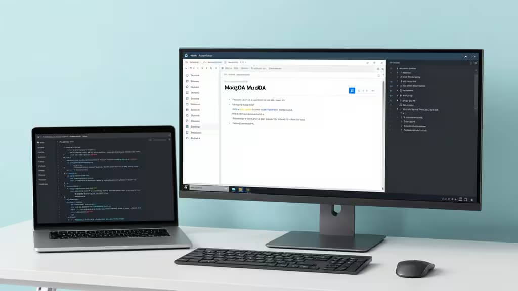 A laptop and monitor display MongoDB management interfaces on a clean desk setup.