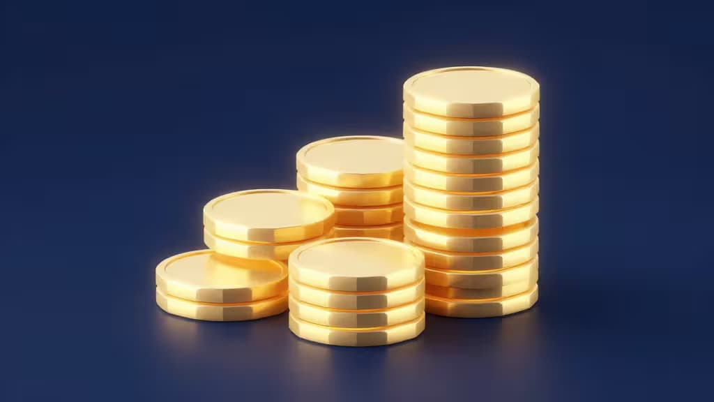 Abstract geometric coins stacked in golden tiers against a deep blue gradient, representing cryptocurrency staking rewards