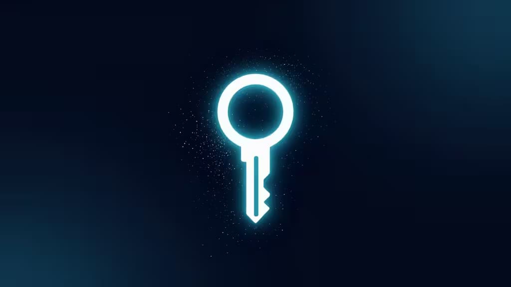 Glowing white key icon floats against dark blue background, surrounded by digital particles, symbolizing secure passkey authentication.