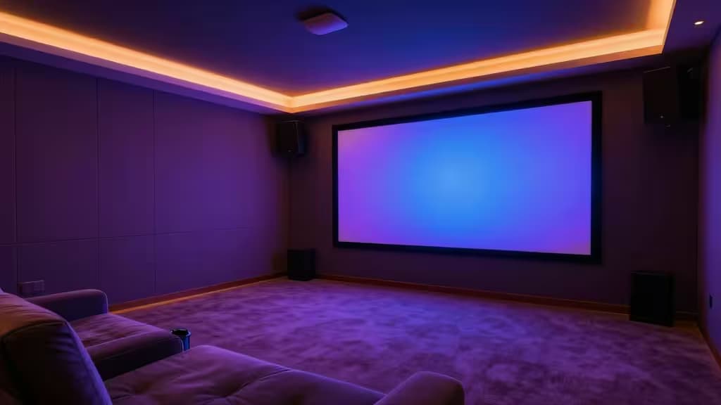 Warme LED-omranding verlicht het plafond en werpt een filmische gloed over een zithoek met een groot projectiescherm.