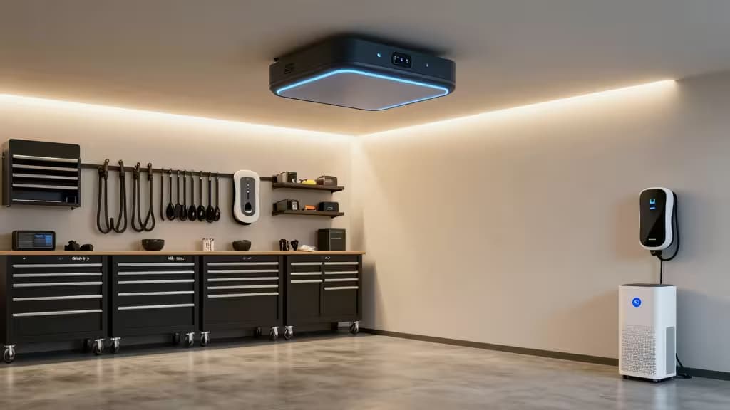Black tool cabinets, wall-mounted EV charger, white air purifier, and ceiling-mounted smart hub illuminate a modern garage with ambient lighting.