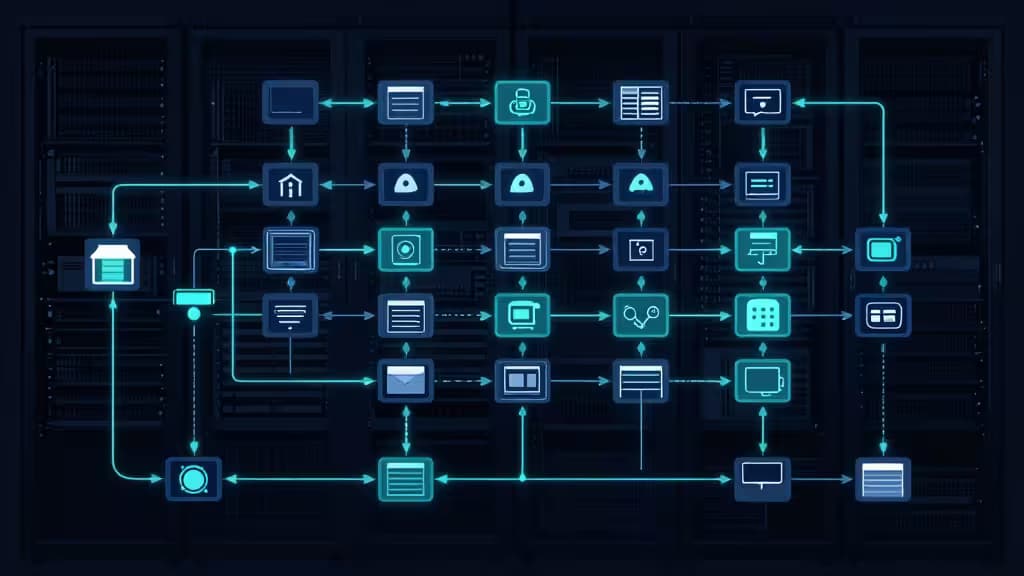 Glowing cyan workflow nodes connect across dark server racks, visualizing self-hosted orchestration pipelines.