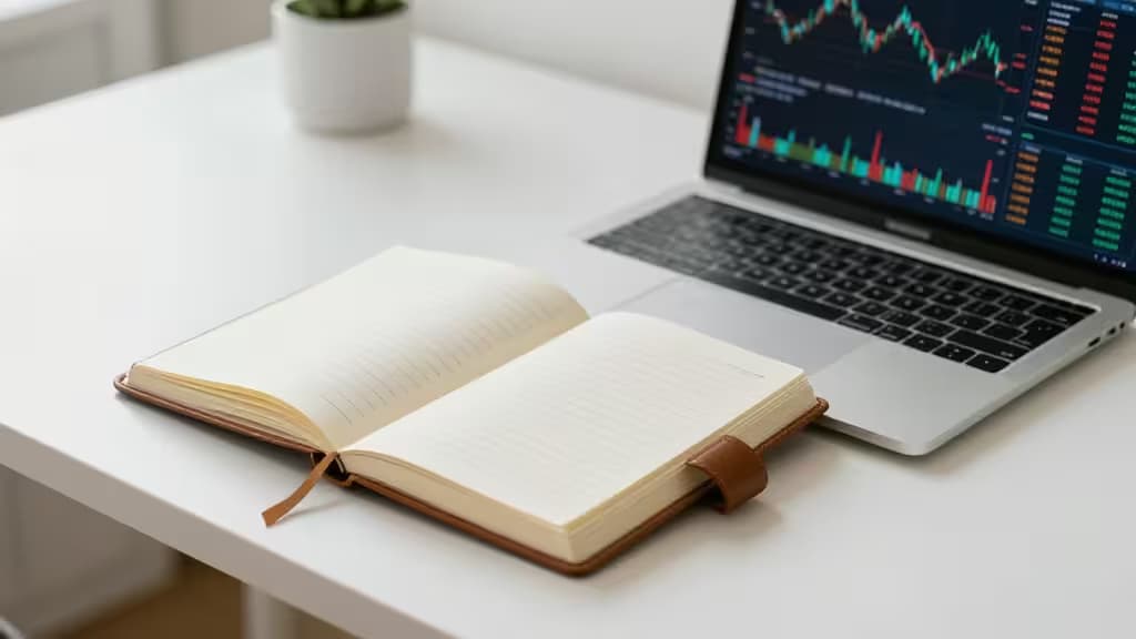 Ein aufgeschlagenes Notizbuch neben einem Laptop mit Krypto-Charts auf einem weißen Schreibtisch – bereit für Trading-Journal-Einträge.