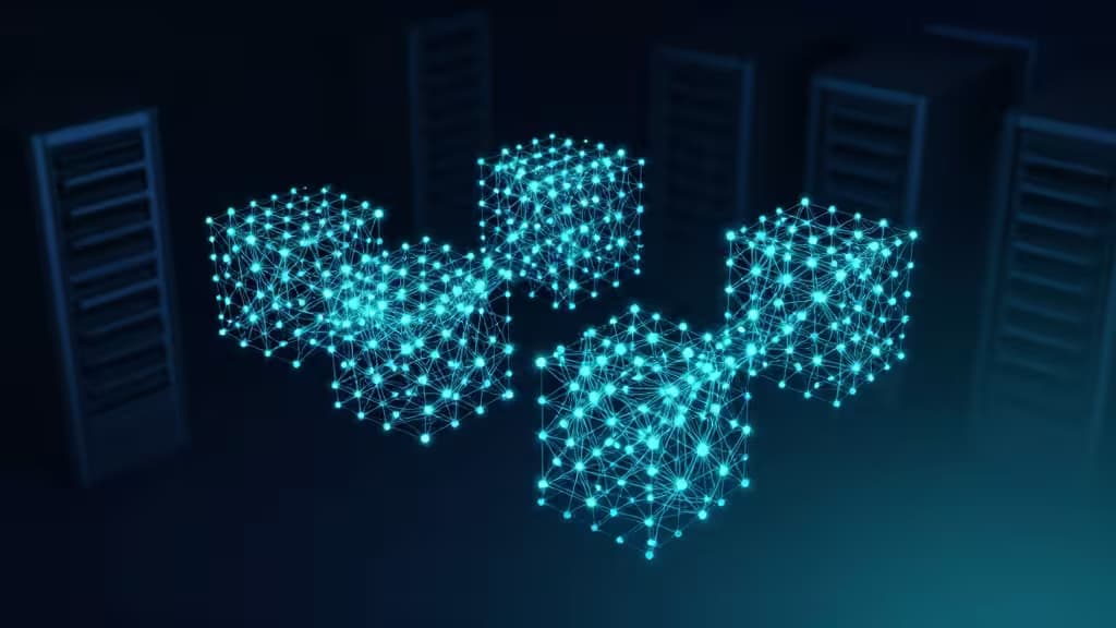 Glowing cyan vector clusters float before dark server racks, symbolizing self-hosted open-source database infrastructure.