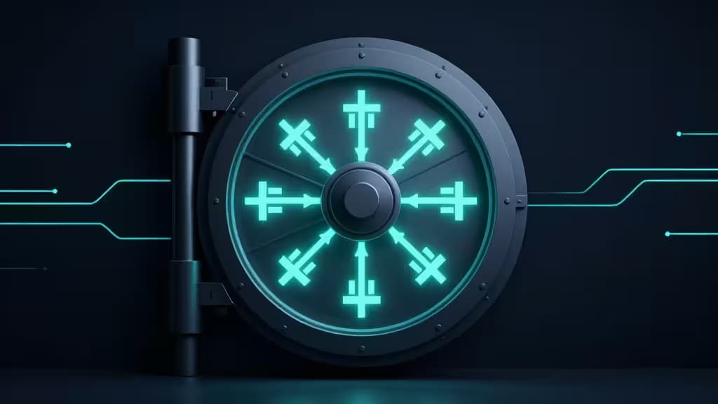 Abstract illustration of a secure digital vault with glowing cryptographic symbols and encrypted data flow lines on a dark navy background