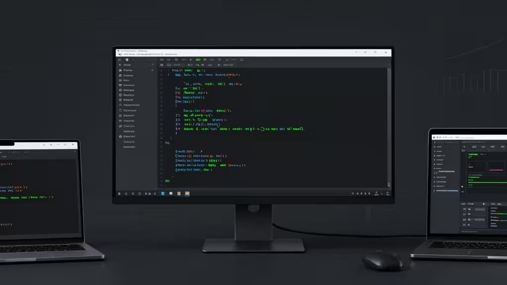 Three screens display Go code and coverage metrics in a sleek, dark developer workspace.