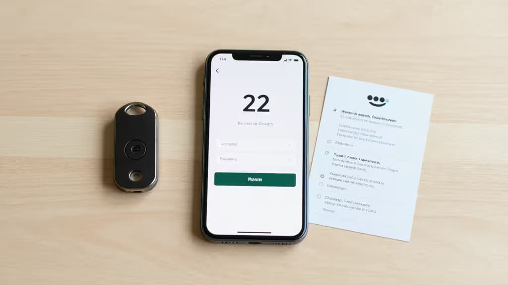 Smartphone zeigt 2FA-Code neben Hardware-Key und ausgedruckten Recovery-Codes auf einem Holztisch.