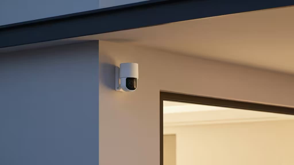 Weiße Smart-Sicherheitskamera an beige gestrichener Außenwand einer Garage unter dunkler Dachüberstand bei Dämmerung.