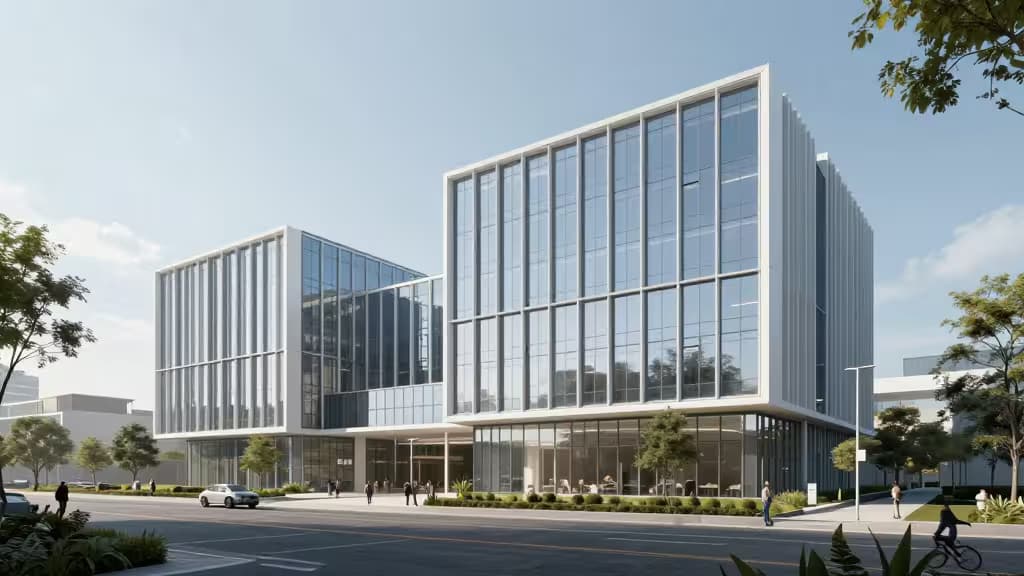 Moderne glas-en-staal gebouwen met reflecterende gevels, geplaatst in een aangelegd stadsplein onder een heldere hemel.