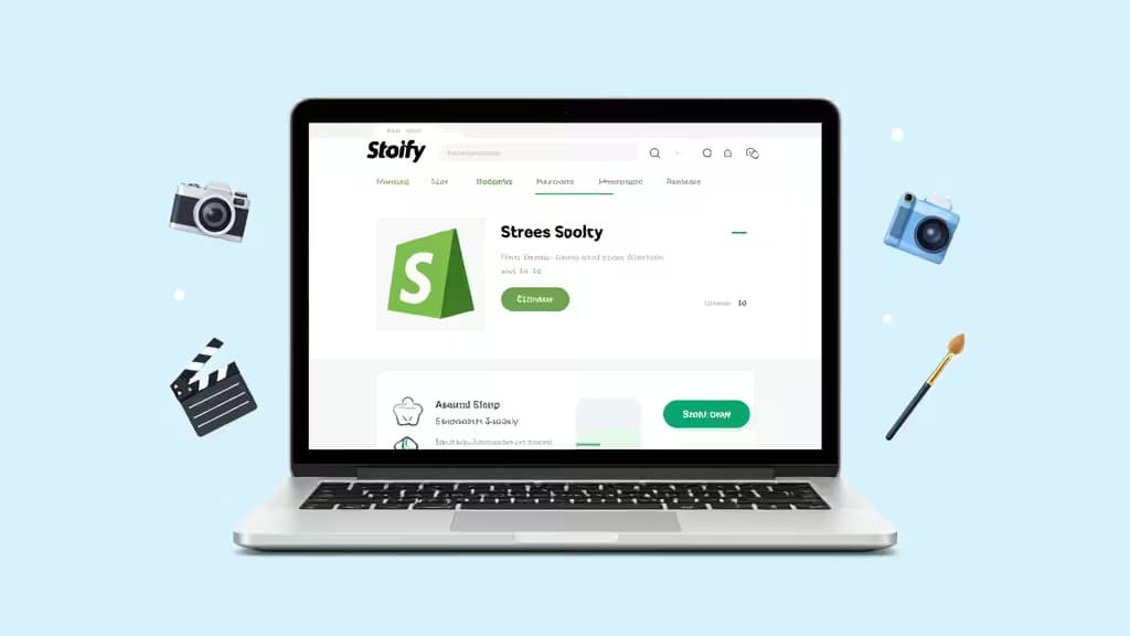 Laptop displays Shopify dashboard, surrounded by floating AI tool icons on light blue background.
