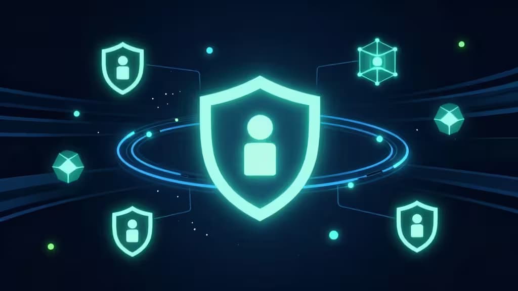Glowing cyan shields with user icons orbit a central shield, symbolizing Web3 wallet security.