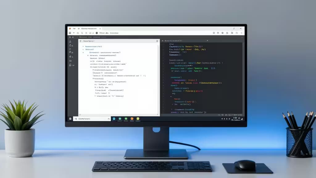 Un monitor moderno mostra codice e documentazione affiancati, con una pianta e un portamatite su una scrivania minimalista.