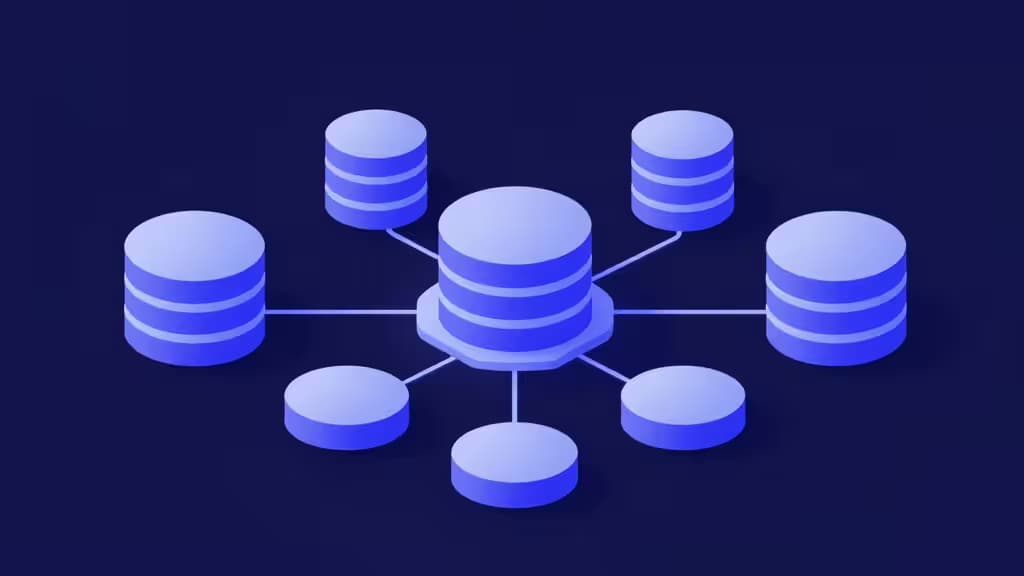Blue isometric database cylinders connect via lines on dark navy background, symbolizing backend service architecture for indie developers.
