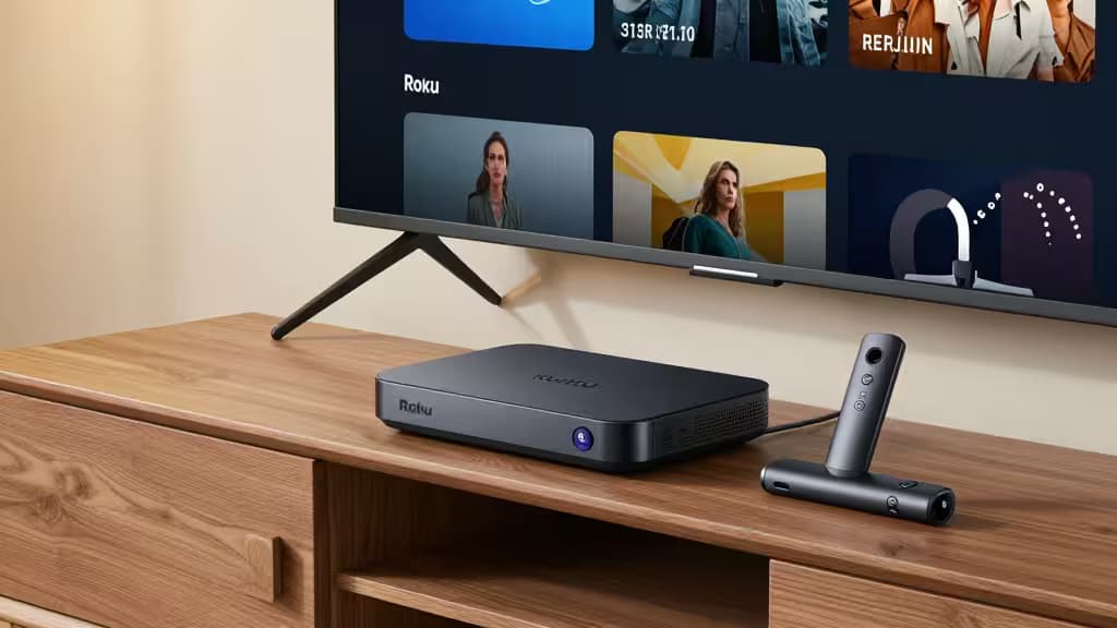 Een strakke Roku streamingbox en afstandsbediening op een houten tv-meubel, met een groot scherm dat content weergeeft.