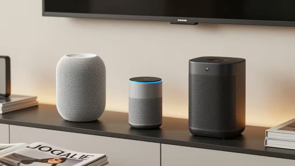 Three smart speakers—HomePod, Echo, Sonos One—lined up on a sleek console beneath a TV.
