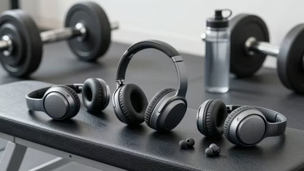 Drie noise cancelling koptelefoons en earbuds op een gymbank met dumbbells, fitness-sfeer