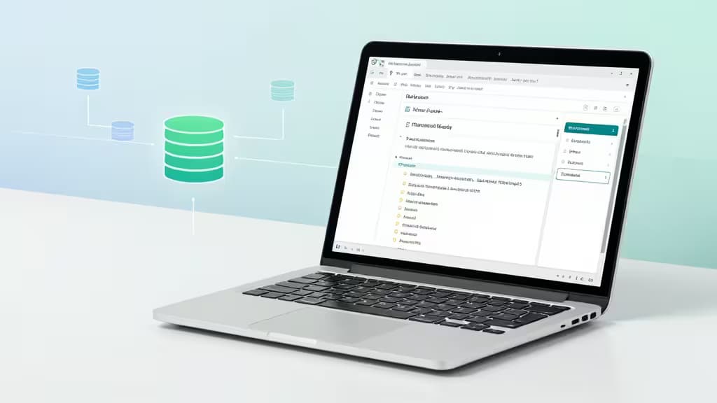 Silver laptop displays database migration interface, surrounded by floating green and blue database icons.
