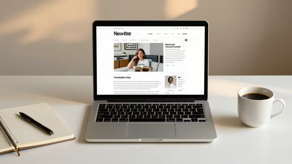 Laptop displays newsletter interface beside notebook and coffee on minimalist desk.