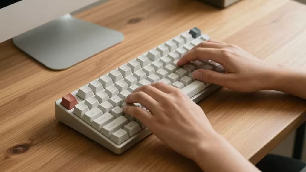Teclado mecánico compacto color beige con tecla Escape roja, manos escribiendo sobre escritorio de madera.