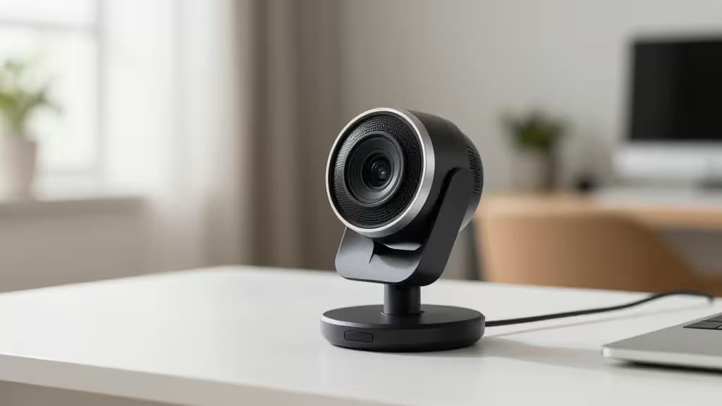 Caméra noire et argentée sur bureau blanc, idéale pour Zoom et Teams.