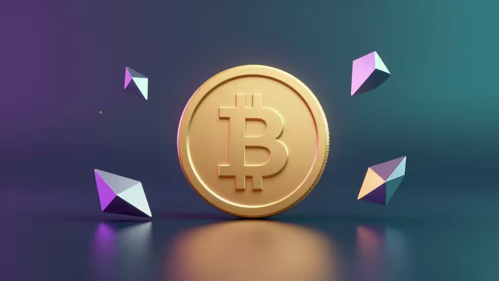 Abstract 3D render of a glowing golden coin on a dark reflective surface surrounded by floating geometric shards, symbolizing cryptocurrency staking and security.