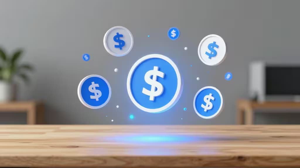 Pièces de stablecoin bleues flottant au-dessus d'une table en bois dans un bureau moderne.