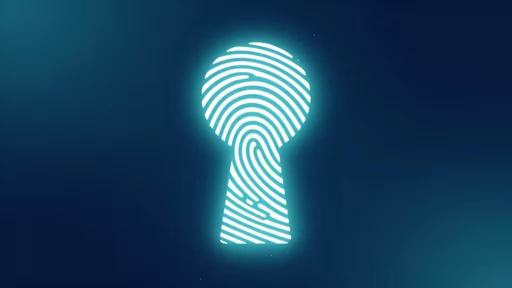 Glowing cyan keyhole with fingerprint ridges illuminates dark blue background, symbolizing biometric passkey security for password managers.