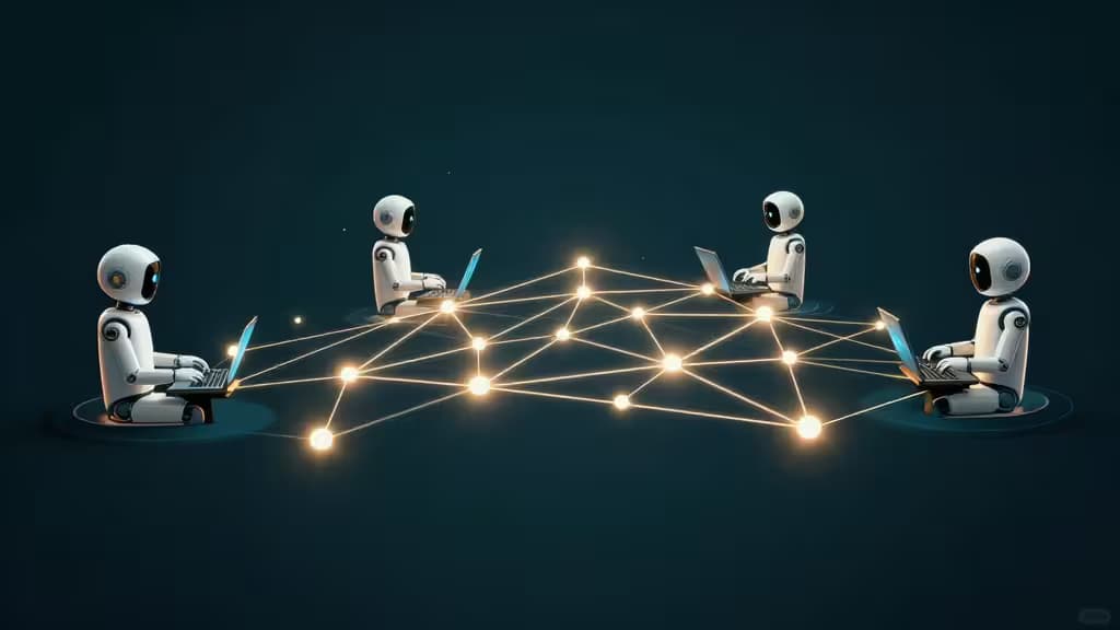 Illustration abstraite d'un réseau d'agents IA autonomes interconnectés, nœuds lumineux en teal et ambre sur fond sombre