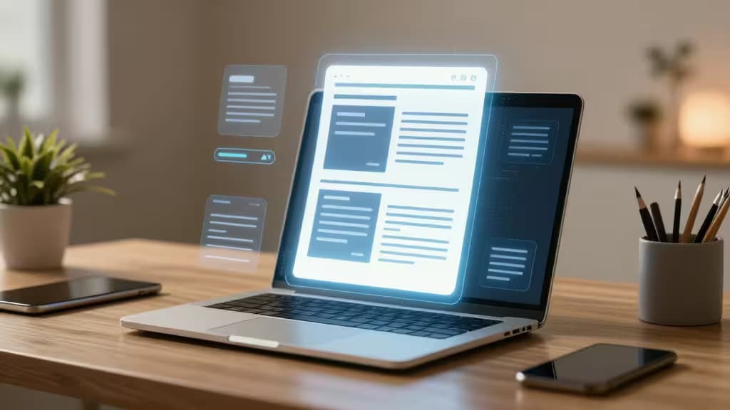Laptop displays glowing AI-generated newsletter layouts on a wooden desk with plants and phones.