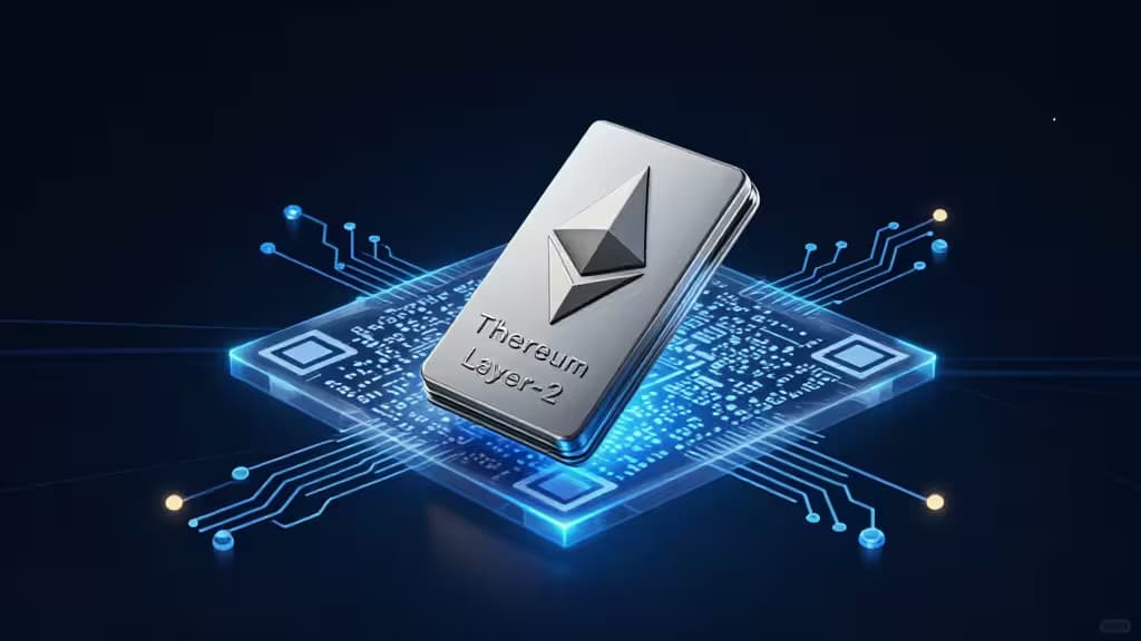 Abstrakcyjna wizualizacja portfela sprzętowego na tle świecącej sieci blockchain Ethereum Layer-2 z wzorami kodów QR i połączeniami obwodów w odcieniach granatu i elektrycznego błękitu