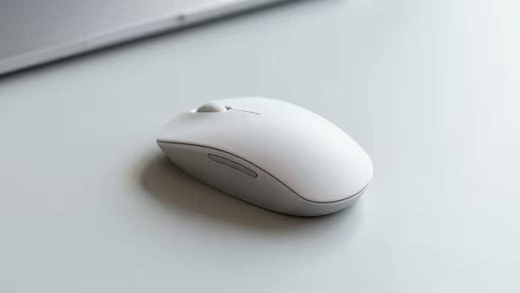 Een strakke witte verticale ergonomische muis op een minimalistisch bureau, ideaal voor kleine handen die zoeken naar betaalbaar comfort.