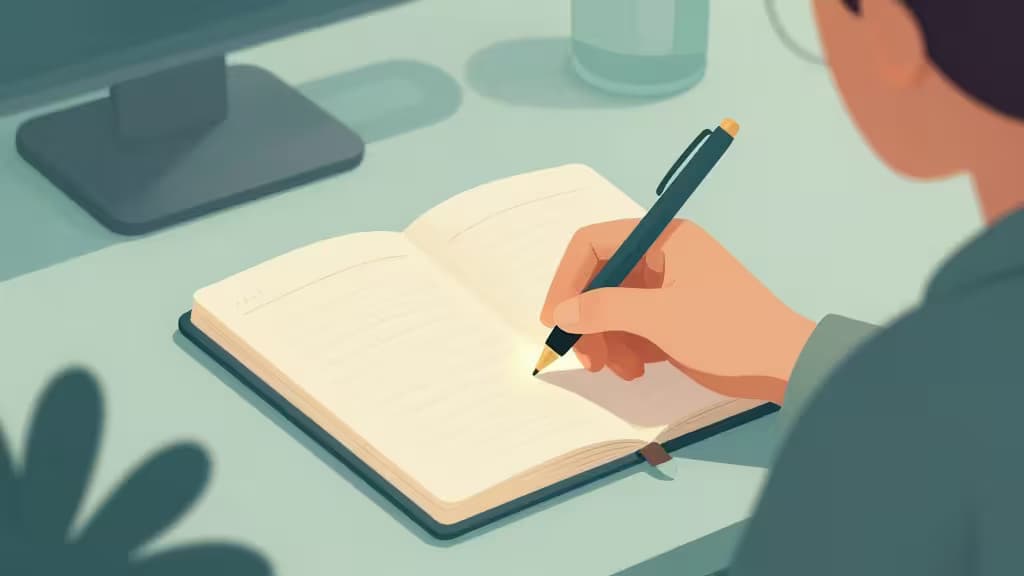 A therapist's hand writes in a notebook beside a computer, symbolizing AI-assisted clinical documentation for mental health professionals.