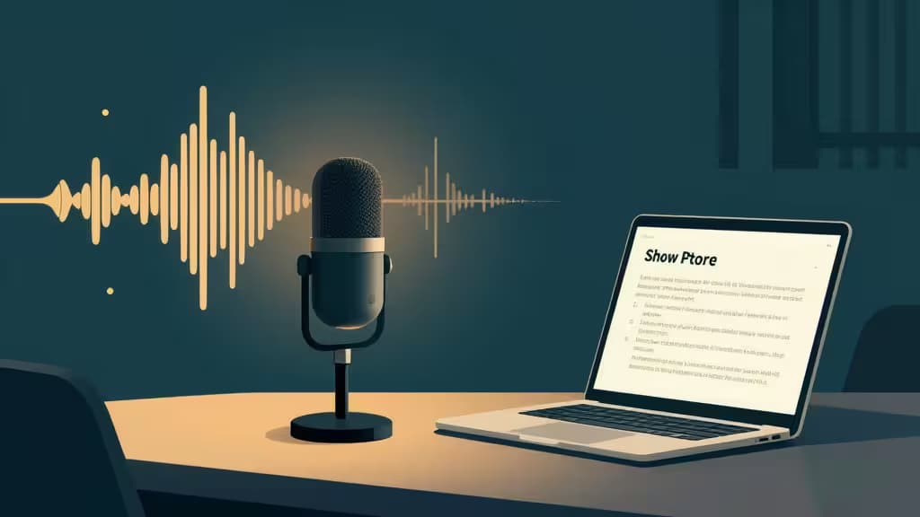 Microphone captures sound waves beside laptop displaying AI-generated show notes in a minimalist podcast studio setup.
