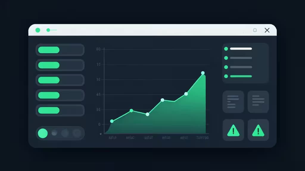 Dark dashboard window displays green uptime graphs, status bars, and alert icons for server monitoring.