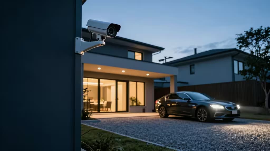 A white security camera mounted on a dark wall overlooks a modern house's gravel driveway at dusk.