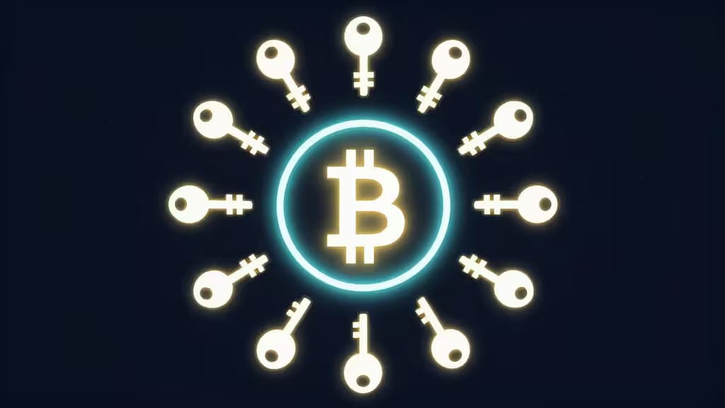 Abstract illustration of a cryptocurrency vault with multiple glowing keys arranged in a circular pattern around central Bitcoin and Ethereum symbols, representing multi-signature shared custody security on a dark navy background.