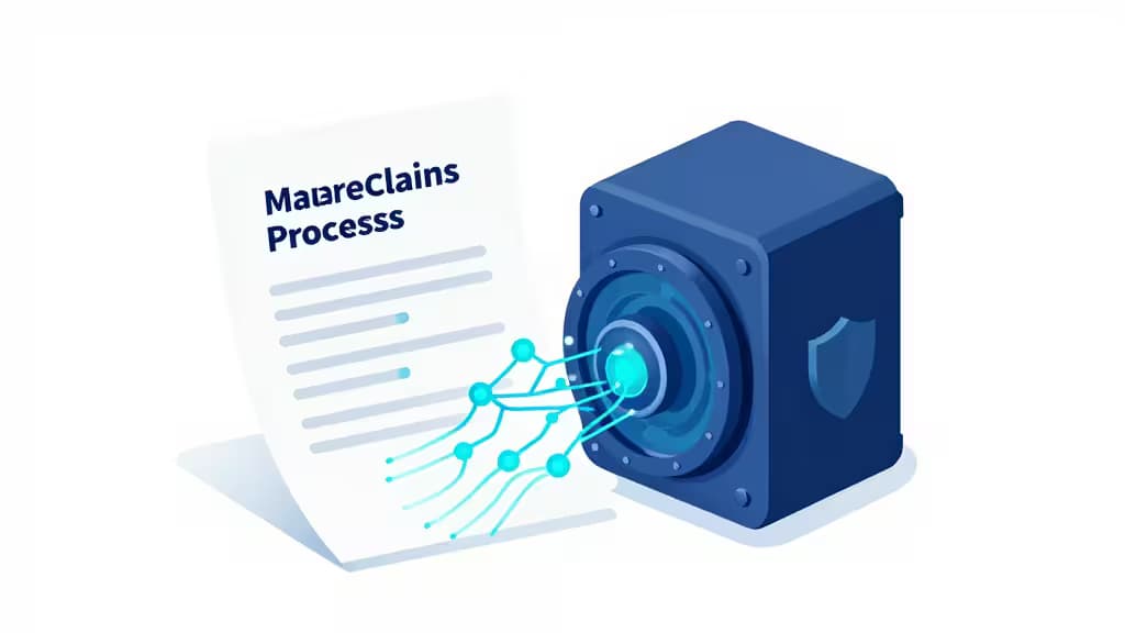 Blue AI scanner with shield icon analyzes claims document via glowing neural network connections.