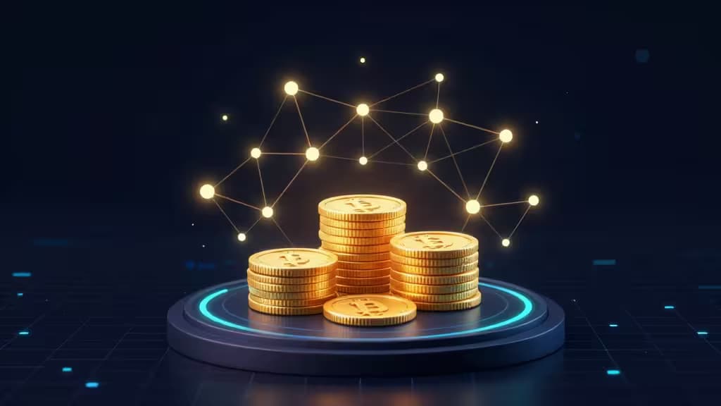 Stacked gold coins with glowing network nodes symbolize crypto staking rewards on a futuristic digital platform.