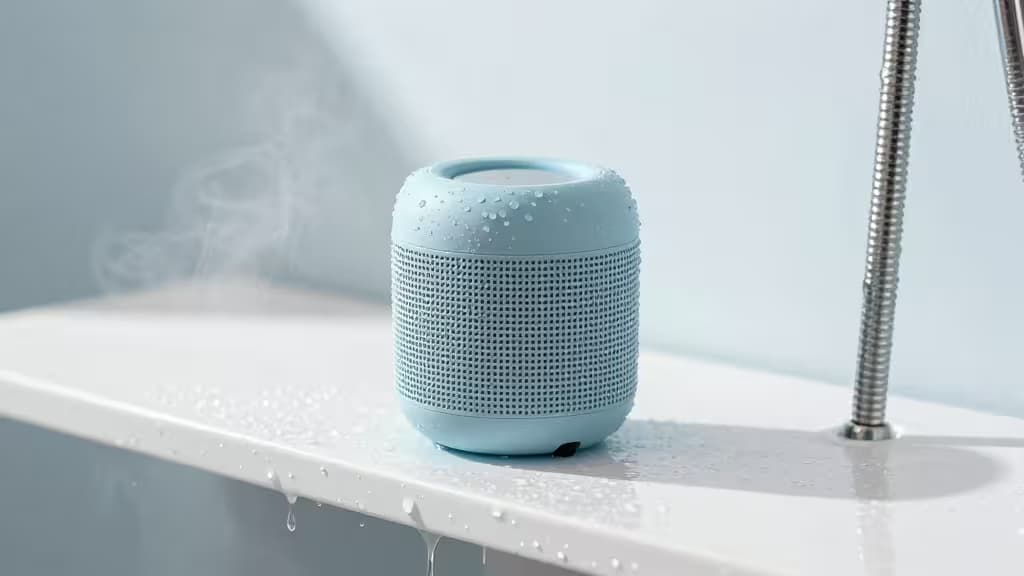 Petite enceinte Bluetooth étanche posée sur une étagère de douche avec des gouttelettes d'eau et de la vapeur en arrière-plan