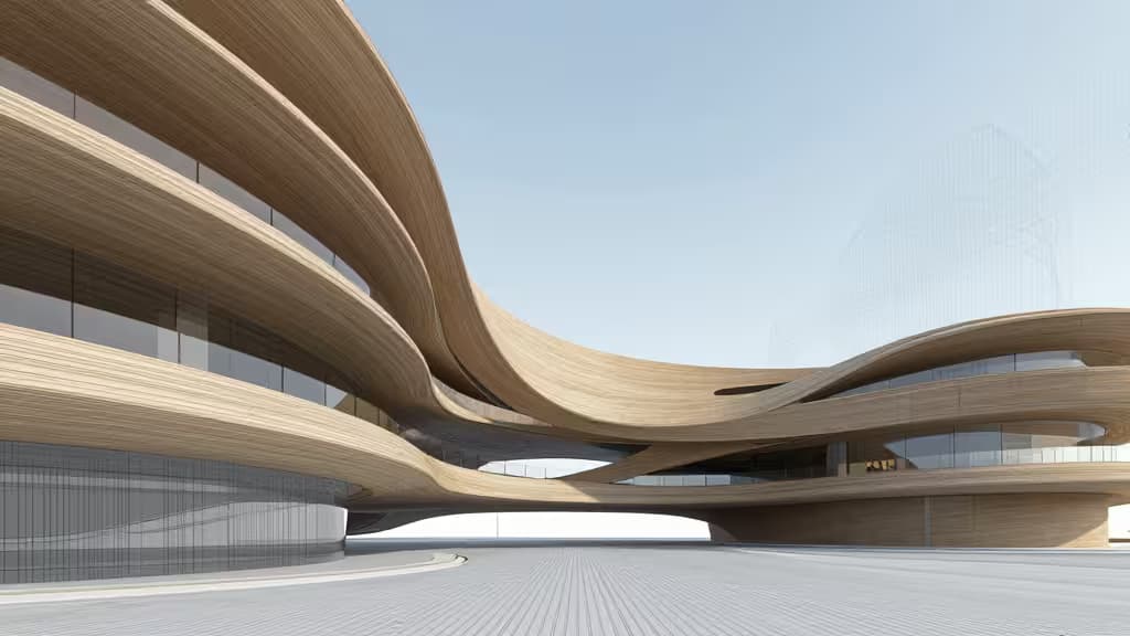 Sweeping wooden curves and glass panels define a futuristic parametric building facade.