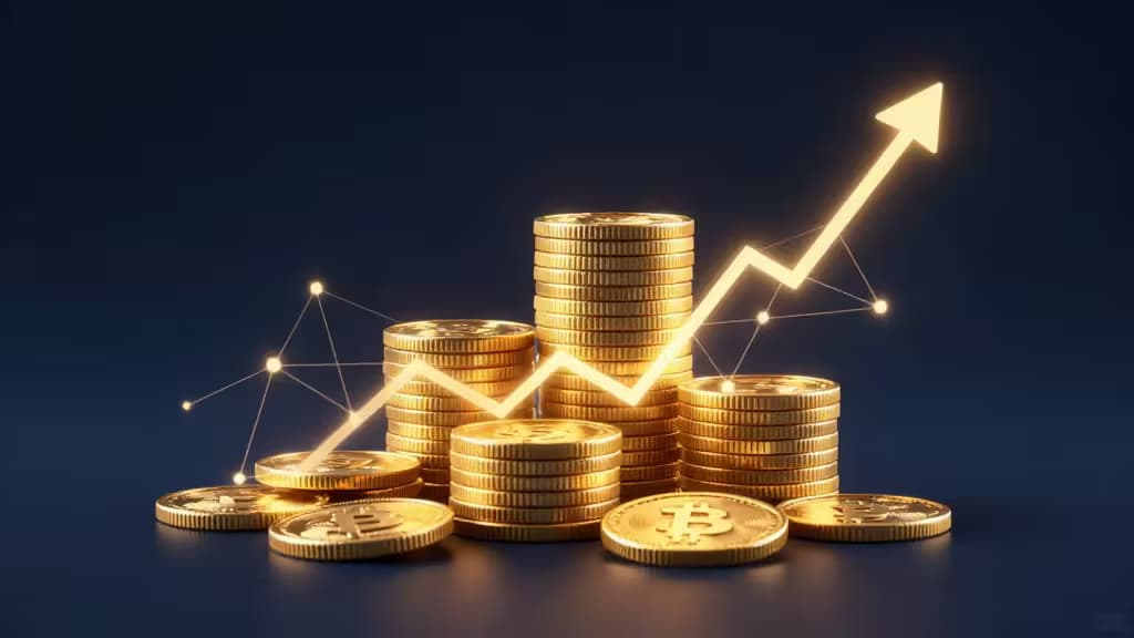 Glowing Bitcoin coins stack beside an upward-trending arrow graph on a dark blue background, symbolizing rising crypto staking APYs in 2026.