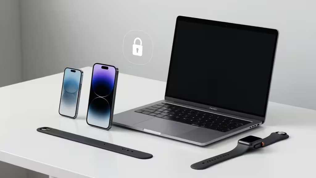 Apple apparaten met een zwevend sloticoon die veilig wachtwoordbeheer in het ecosysteem laat zien.